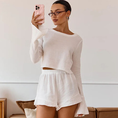 2025睡衣女纯棉欧美秋季宽松休闲可外穿跨境长袖短裤家居服两件套