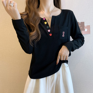 Age-reducing Color Love Button Half Open Collar Top Women's 2025 Spring New Korean Style chubby girl plus size Long Sleeve T-Shirt