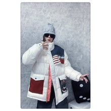 欧货羽绒服女2025冬季新款牛仔字母拼接针织大口袋保暖面包服外套