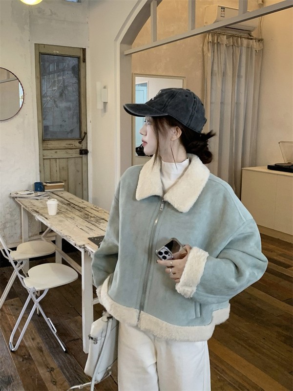 蓝色皮毛一体羊羔毛外套女冬季韩系甜酷炸街小个子短款麂皮绒棉服|undefined