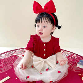 周岁女宝宝红色连衣裙婴儿衣服抓周宴礼服裙子公主裙女童新款夏装