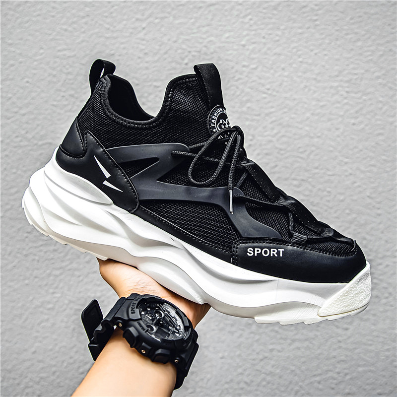 夏季男鞋2024新款厚底增高老爹鞋男士網面透氣黑色網鞋休閒運動鞋