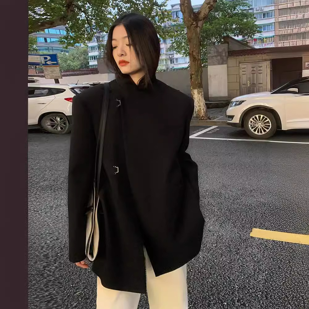 秋季韩国商务金属扣装饰西装男不规则设计感小众西服外套新中式