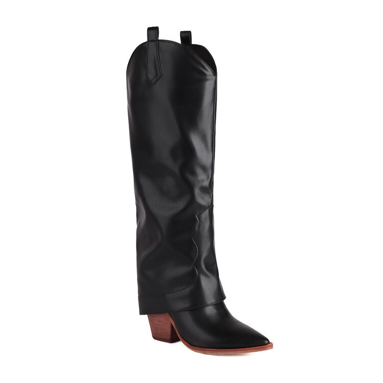 Plus-size women's fashion thigh-length boots with pointy heels and pull-over tops_voghion.com