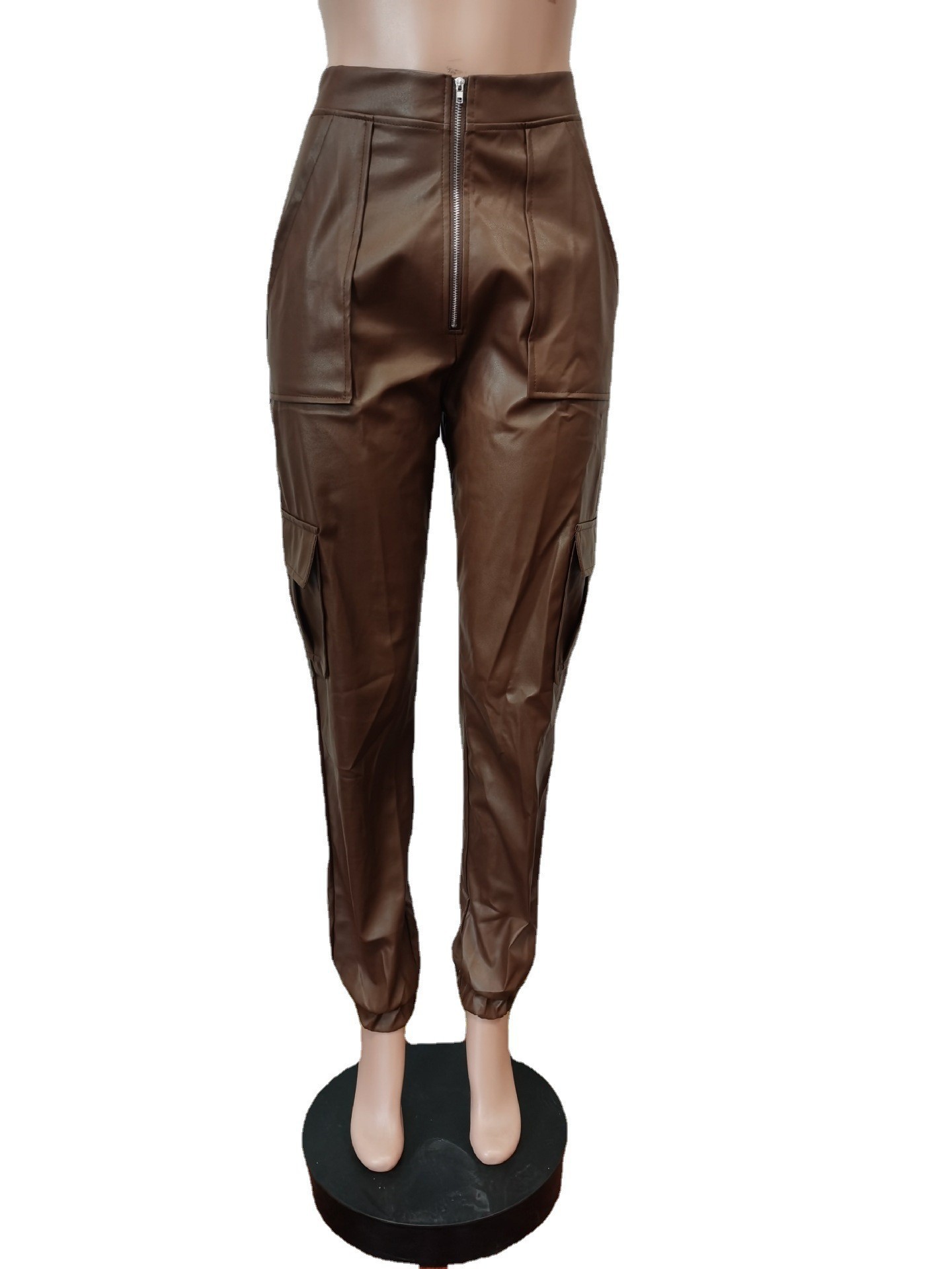 455g Weight Full Length Pants Length Pu Fabric Type Mid Waist Waist Line Jogger Pants Pants Type Micro-Elastic Elasticity Casual Occasion Regular Fit Fit Type Solid Color Pattern Spring, Autumn Season Women's Gender Zipper Design Streetwear Style Women's Casual Streetwear Solid Color Full Length Zipper Jogger Pants 32
