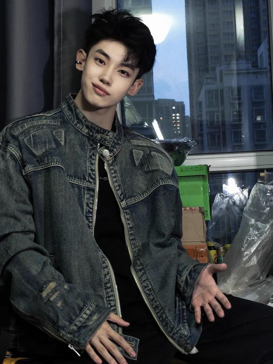 Men's Clothing Retro Washed Yellow Mud Dyed Blue Stand Collar Denim Jacket Handsome Loose Coat Top Trendy Street_viptrois.com