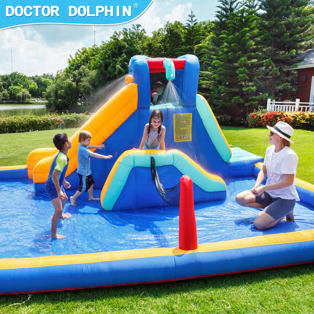 Castillo Inflable Doctor Dolphin, Castillo Acuático Inflable con Rociadores de Agua para Niños, Tobogán Inflable, Trampolín, Piscina Infantil, Venta al por Mayor