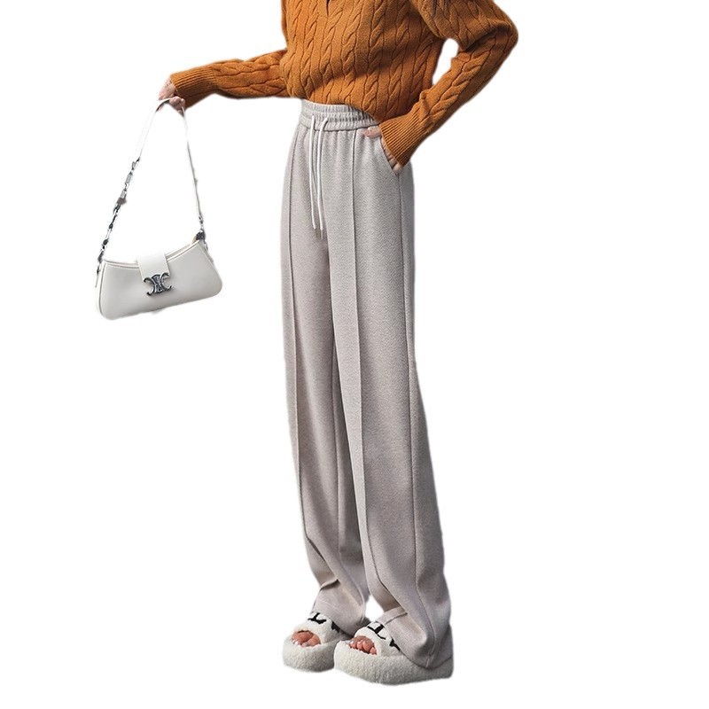 Pantalones de piernas anchas blancas de herringbone para mujeres primavera y otoño 2024 nuevo estilo alargado otoño y invierno grueso de cintura alta pantalones de lana