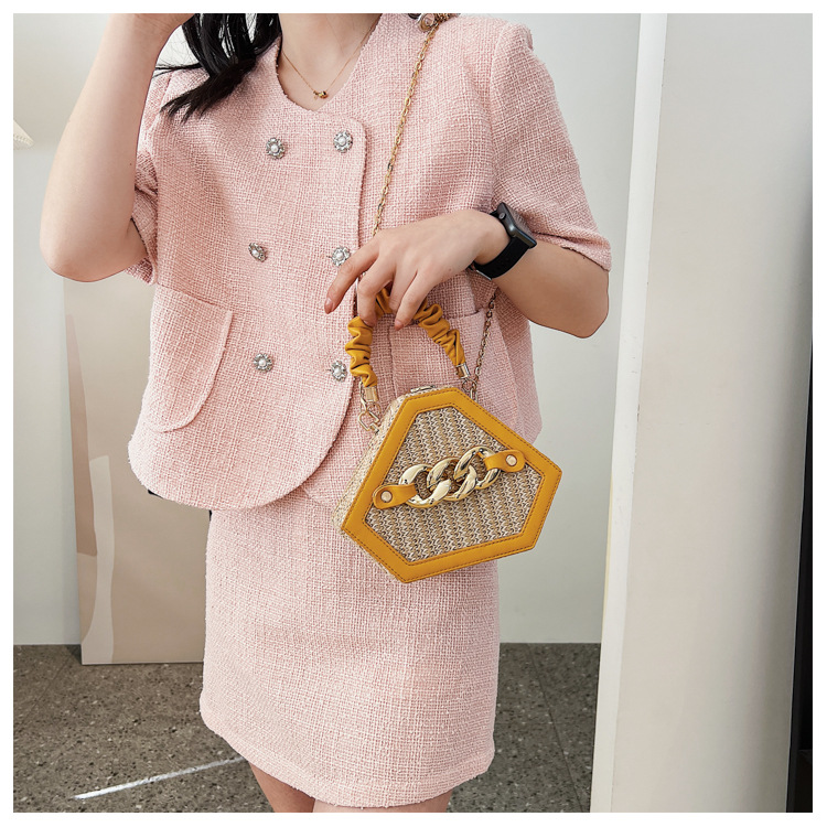 Spring&Summer Season Women's Small Straw Geometric Classic Style Lock Clasp Straw Bag