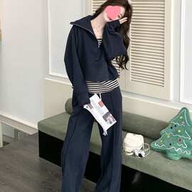 大码休闲运动套装女秋季新款胖MM条纹背心翻领卫衣阔腿裤三件套潮