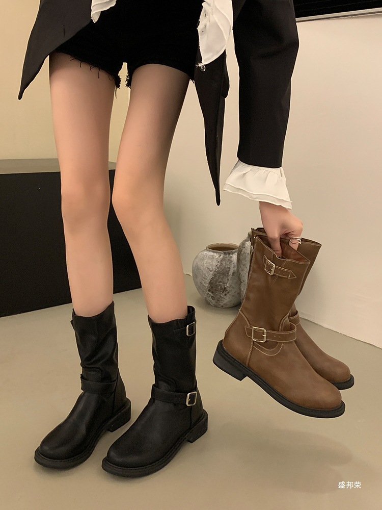 中筒西部牛仔靴粗跟时装靴骑士短靴女秋冬新款复古风马丁靴女靴子