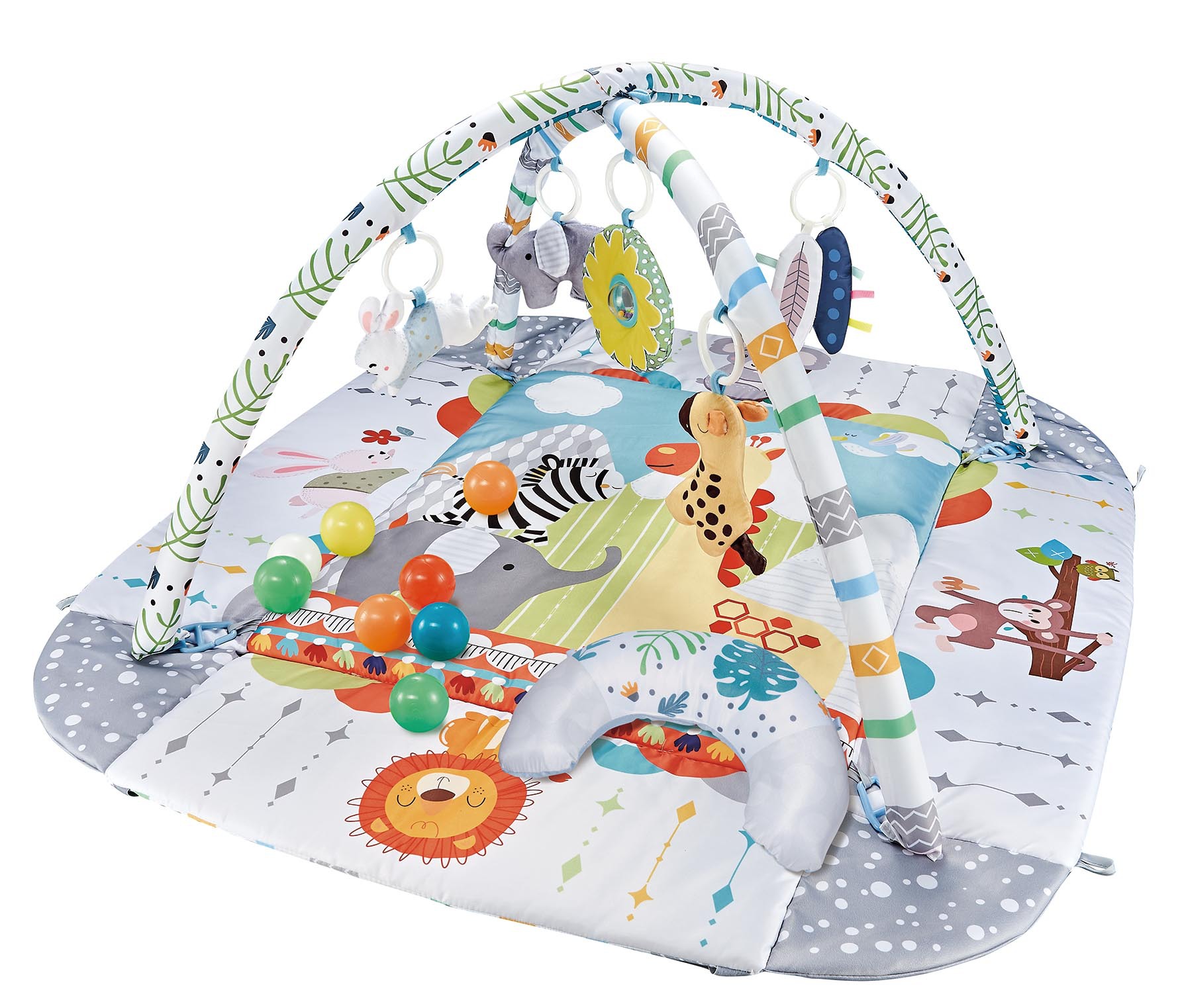 Juguete para bebés, cerca de cuatro lados, alfombrilla para gatear, estante para fitness con almohadilla para gatear con almohada, almohadilla para gatear con 20 bolas, almohadilla para juegos de juguete
