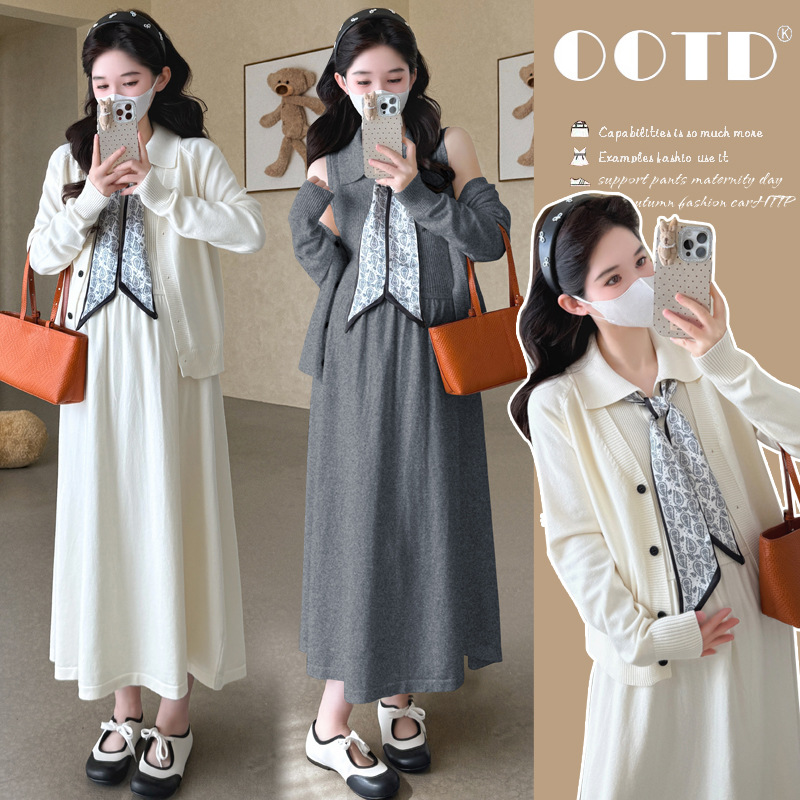 Maternity Wear 2025 Autumn and Winter Sweater Fashionable Trendy Mom Petite Long-Sleeve Knit Top Vest Long Skirt Thickened Set