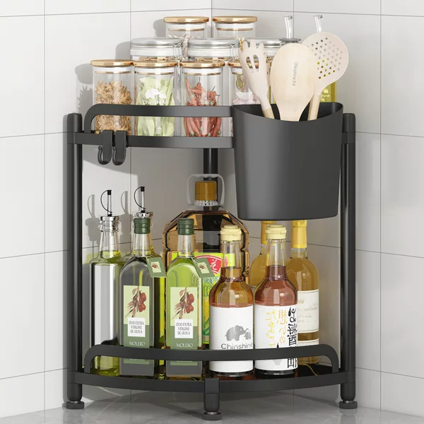 Household Corner Storage Rack, Double-Layer Carbon Steel Countertop Kitchen Spice Triangle Storage Rack, Cross-Border Export