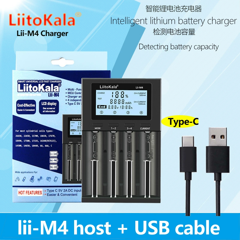 LiitoKala Lii-M4 зарядное устройство для 18650/26660 с индикатором емкости/жидкокристаллическим дисплеем 5V2A