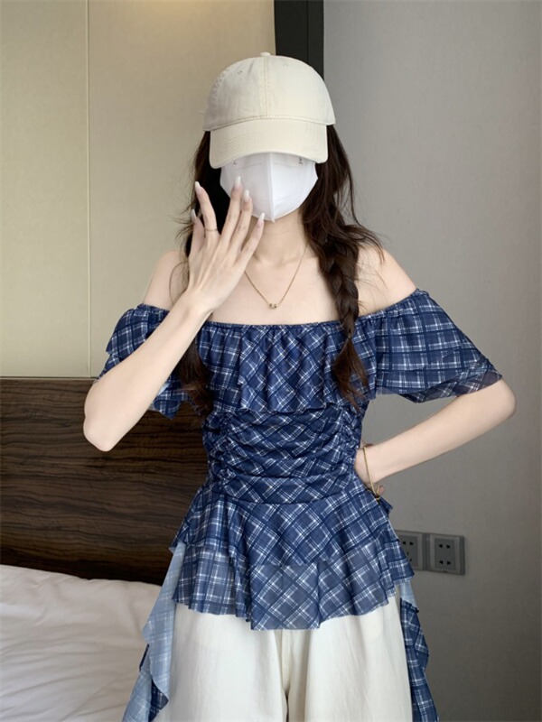 One-Shoulder Design Contrasting Plaid Shirt for Women Summer French Irregular Pleated Waist Slimming Ribbon Top