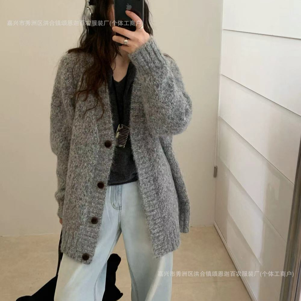 韩系中长款V领花线羊毛针织开衫女秋冬新款宽松慵懒大版毛衣外套