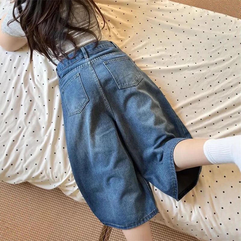 Vintage Blue Plus Size American Retro Washed Cropped Jeans for Women Summer 2025 New High Waist Straight Wide Leg Pants