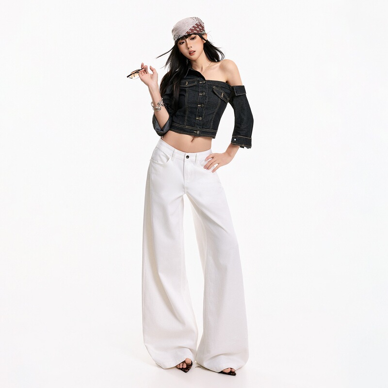 Women's Wide-Leg Jeans, American Style, Pure Cotton, Flap Pockets, Vintage White Long Pants, White Extended Length, Yichun 2026 Women's Wide-Leg Jeans, American Style, Pure Cotton, Flap Pockets, Vintage White Long Pants, White Extended Length, Yichun 2026