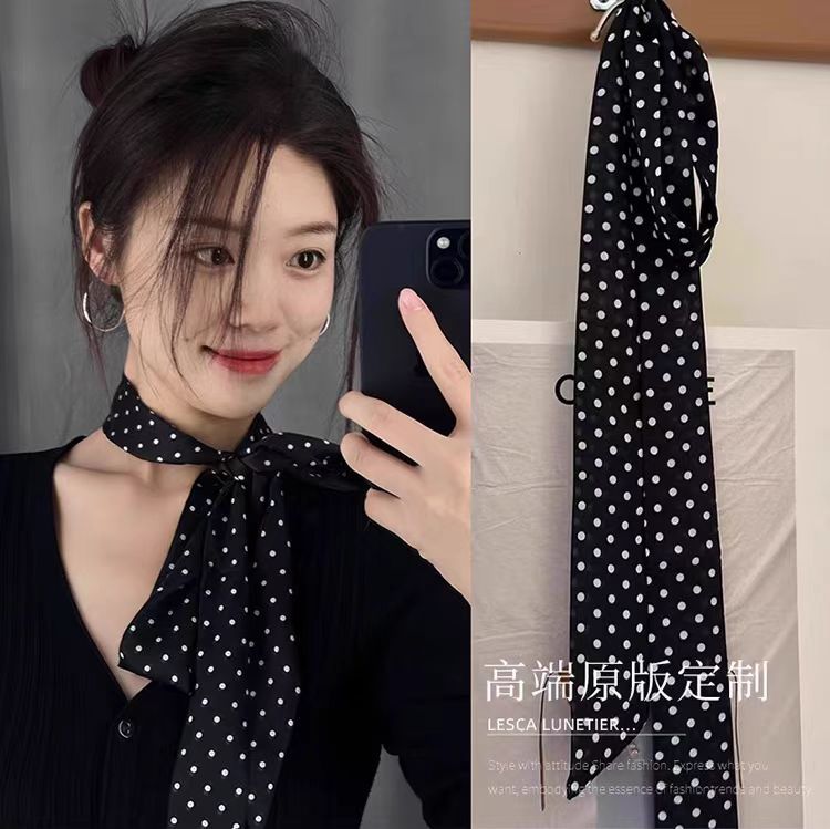 고급 블랙 도트 스카프 봄과 여름 얇은 목 넥타이 헤어 밴드 여신 우아한 올 매치 스퀘어 스카프 리본 쥬얼리