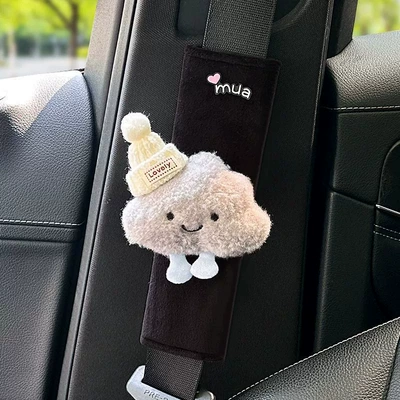 Cute Cloud-Shaped Plush Seatbelt Shoulder Pads, Car Anti-Strap Shoulder Protectors, Factory Direct Supply for Cross-Border Wholesale (Seat belt shoulder pad) - smiling-cloud-in-white-hat-black-plush-shoulder-cover-black-short-velvet-257cm-mua-gray-cloud-style