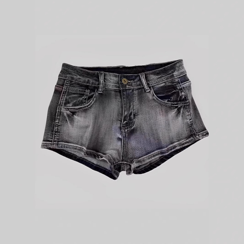 American Hot Girl Low-Waist Black and Gray Denim Shorts for Women in Summer, Tight-Fitting Butt-Covering Elastic Washed Hot Pants for Small People, Trendy American Hot Girl Low-Waist Black and Gray Denim Shorts for Women in Summer, Tight-Fitting Butt-Covering Elastic Washed Hot Pants for Small People, Trendy