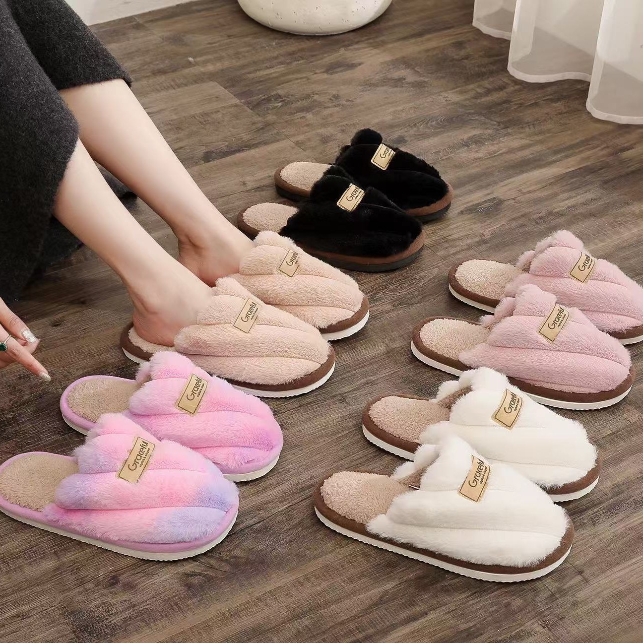 Baotou transfronterizo damas otoño y invierno interior y exterior calentamiento de tela de peluche zapatillas de algodón zapatillas para el hogar de suela suave