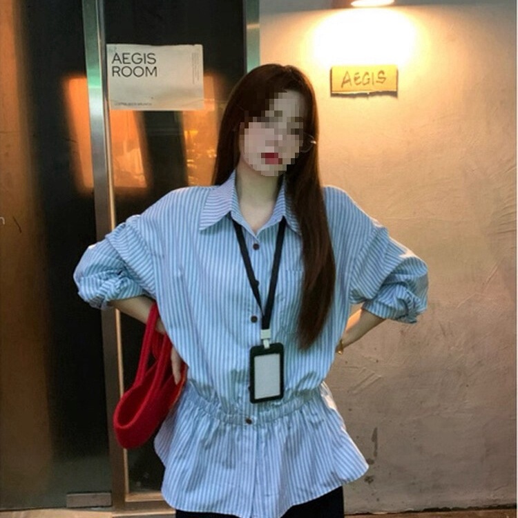 (全额运补)早秋通勤百搭领条纹收腰衬衫女显瘦上衣其他无袖|undefined