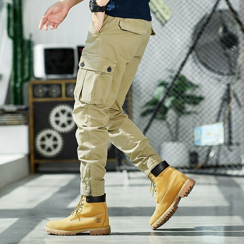 Lavado pesado multi-bolsa guardapolvos de los hombres de primavera y otoño de algodón estiramiento suelta recta marca de moda Pantalones con cremallera pantalones Casuales