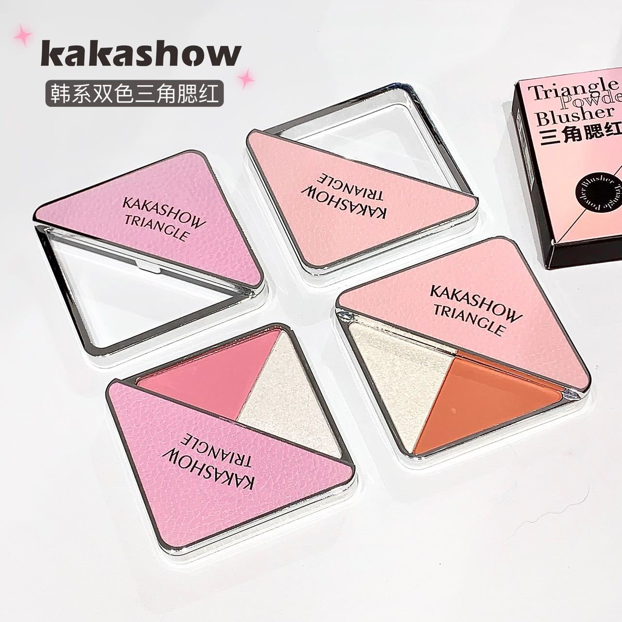 kakashow's rotating triangle two-color blush is a natural, smooth and color-enhancing matte Korean-style energetic blush with a swelling color Item Picture