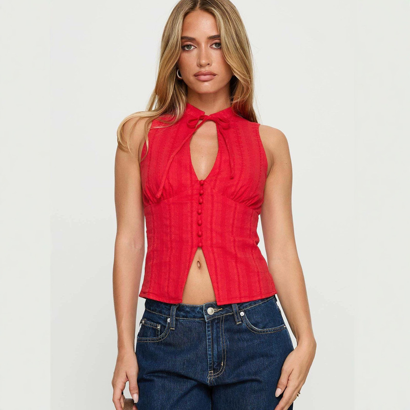 2026 European and American New Arrivals Fresh and Pure Desire Style Tie-Up Single-Breasted Hollow-Out Waist-Revealing Embroidered Off-Shoulder Camisole for Women 2026 European and American New Arrivals Fresh and Pure Desire Style Tie-Up Single-Breasted Hollow-Out Waist-Revealing Embroidered Off-Shoulder Camisole for Women