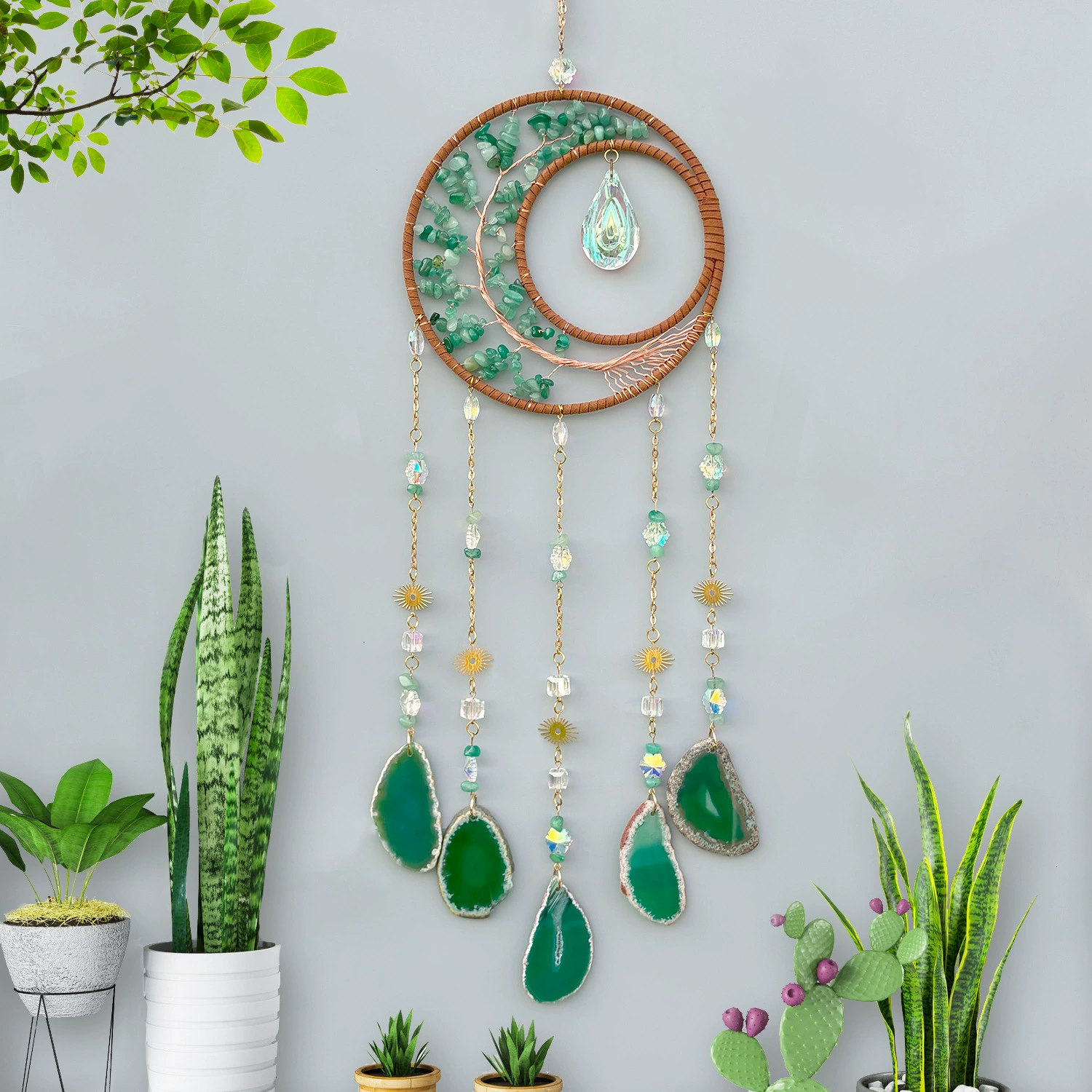 Трансграничный новый натуральный кристалл сырой камень жизни дерево гравия луна ловец солнца колокольчик подвеска сад подвеска