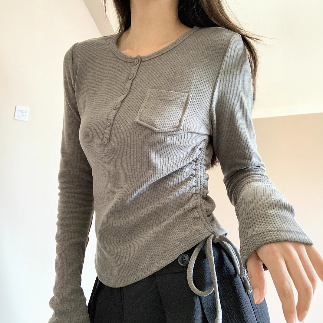 Spring Cross-border Women's New Spice Girls Pure Desire Fashion Simple Button Collar Drawstring Lace Long Sleeve T-shirt Top