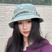 水洗牛仔渔夫帽女春夏季日系复古大头围显脸小盆帽遮阳防晒帽子潮