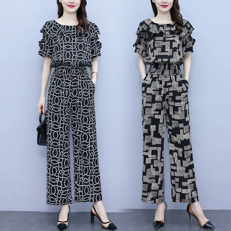 Жирный летний новый костюм большого размера с круглым вырезом и короткими рукавами, модные повседневные брюки с высокой талией, высококачественные уменьшающие возраст широкие брюки, комплект из двух предметов для женщин
