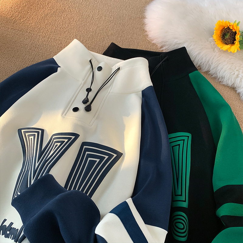 Spring men's standing collar hoodie with contrasting color design and patchwork printed sports pullover for men_voghion.com