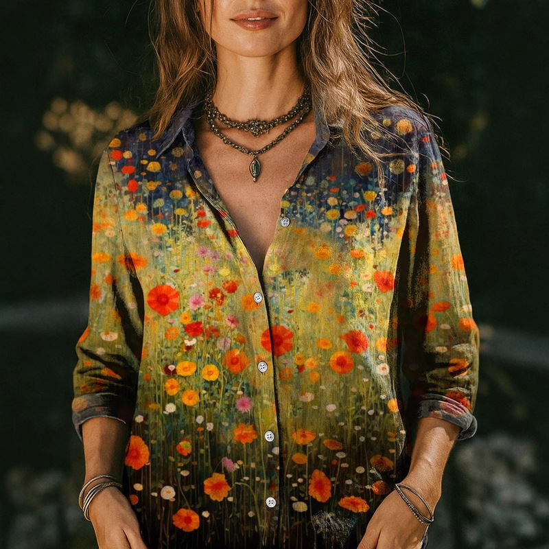 Cross-Border New Amazon Independent Station 3D Digital Printing Women's Fashion Floral Lapel Long-Sleeved Shirt Top