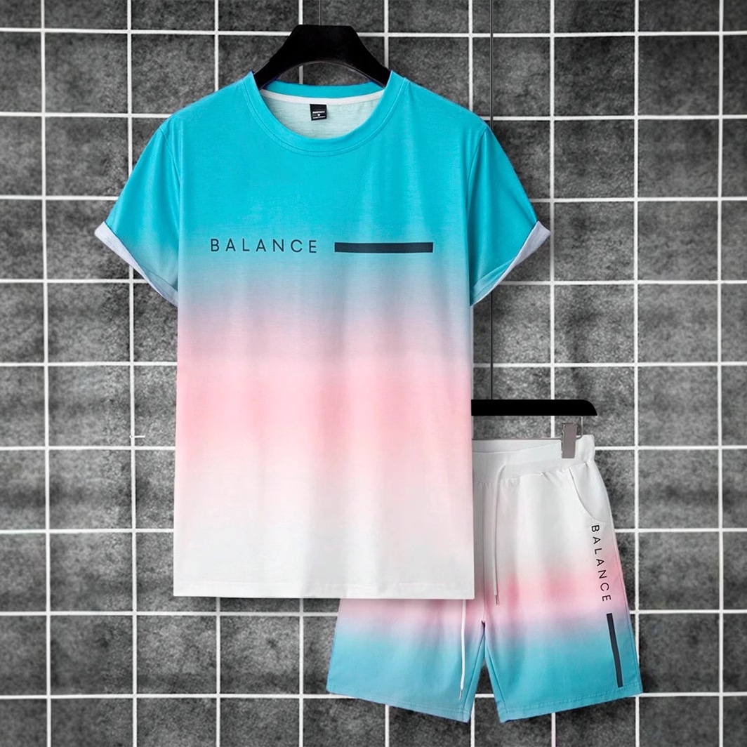 Lema de letras de color degradado estampado 3D traje de hombre camiseta traje deportivo de hombre cuello redondo pantalones cortos con cordón de manga corta