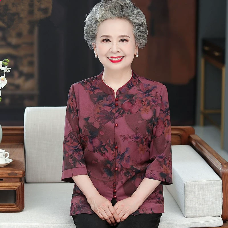 Летняя рубашка для женщин среднего и пожилого возраста, одежда для 70 лет и 60 лет, костюм Тан для матери, весенне-осенняя рубашка для пожилой женщины
