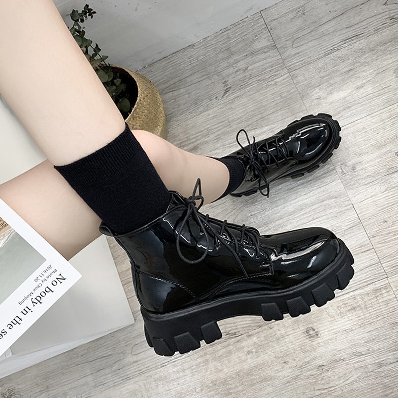 Black Platform Biker Boots For Women Breathable British Style_voghion.com