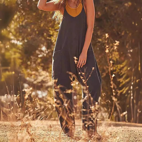 Women's Fashion Size Independent Store Solid Color Zipper Pouch Strap Bodysuit Fat Hip Pants