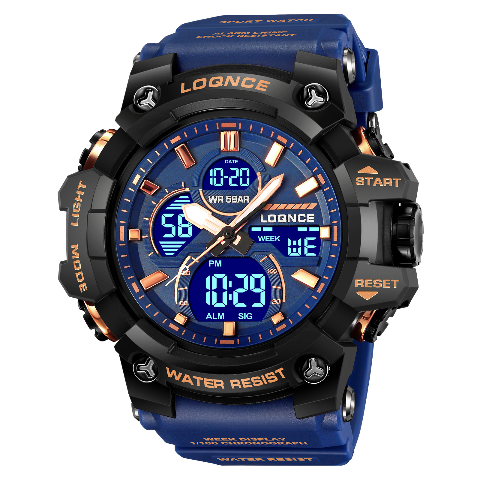 LOQNCE gran dial reloj deportivo nocturno electrónico multifunción cronógrafo cinta adhesiva reloj de pulsera 98007