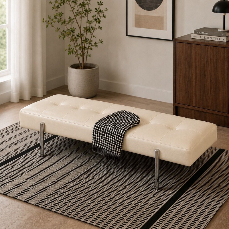 Luxury entryway shoe changing bench, simple Italian-style long bench for shoe stores, clothing stores, and boutiques, stainless steel sofa bench