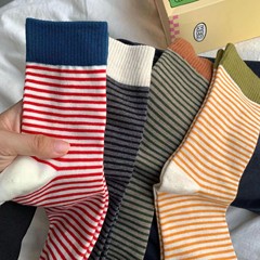 Duo Duo Xiaohongshu Women's Han Version Striped Mid-Calf Socks Color Block Contrast Autumn/Winter Striped Women's Socks