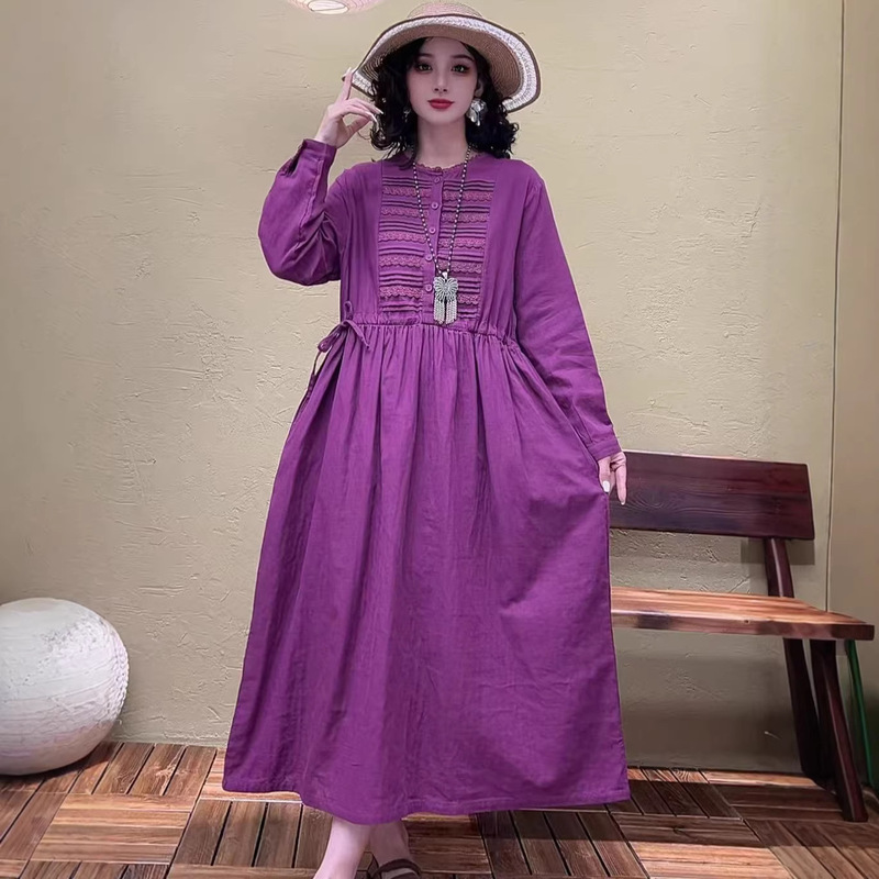Spring New Cotton and Linen Women's Long Dress with Artistic Style, Pleated Design, Waist-Cinching, Double-Layered Gauze Dress Spring New Cotton and Linen Women's Long Dress with Artistic Style, Pleated Design, Waist-Cinching, Double-Layered Gauze Dress
