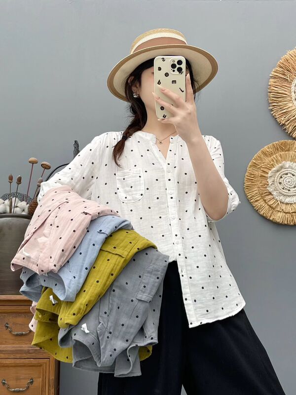 Summer Double-Layer Cotton Gauze Floral Shirt, Age-Reducing V-Neck Mid-Sleeve Shirt, Fashionable Age-Reducing Casual Top, Women's Polka Dot Top