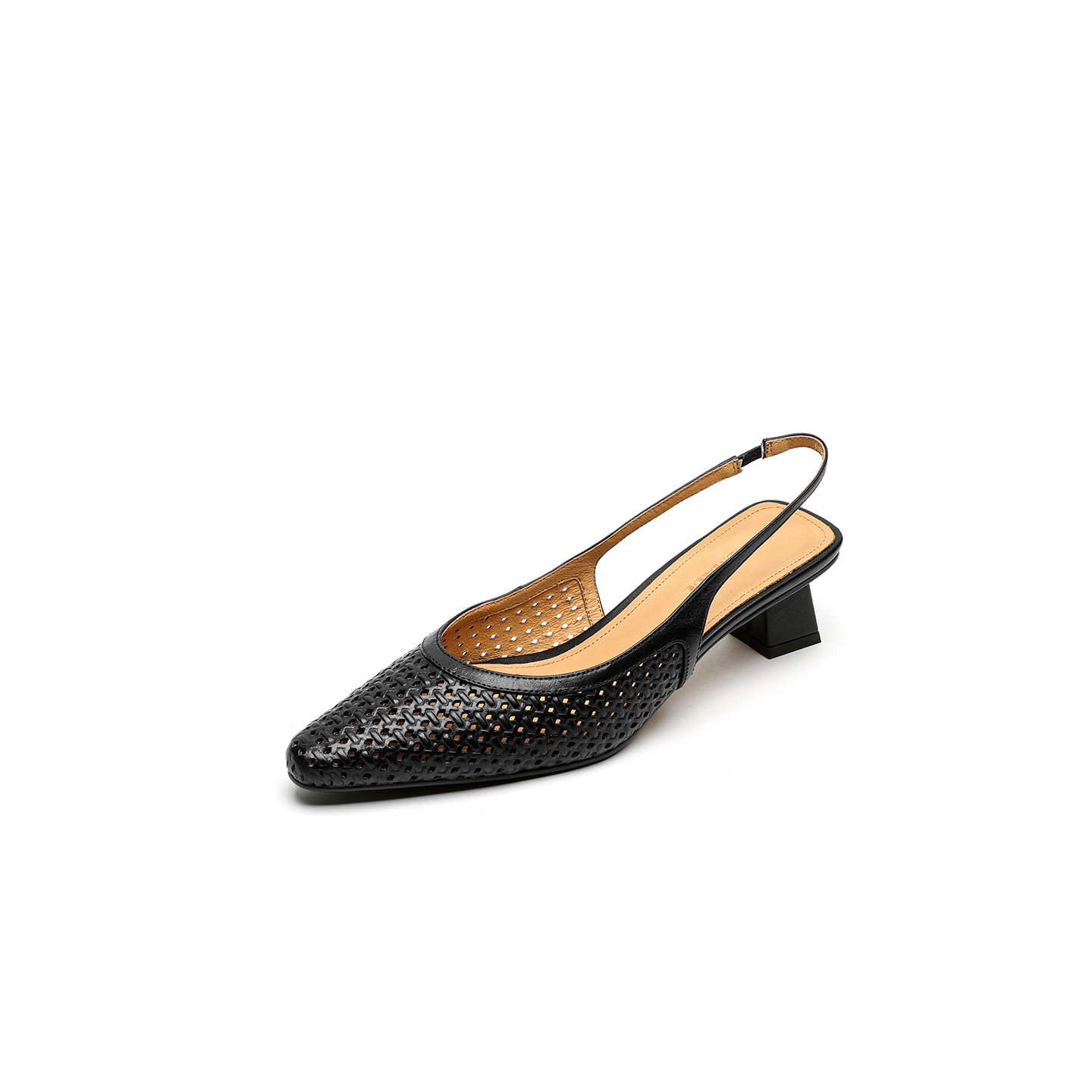 Sandal nữ da bò dệt mũi kín gót thô cao 6 cm phong cách công sở — đen chi tiết 31
