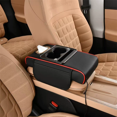 Car Charging Armrest Box, Universal Armrest box - black-and-red-multifunctional-with-cup-holder-charging-model
