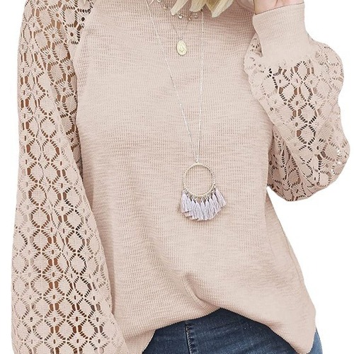 New 2025 Cross-border Amazon Autumn/Winter Round Neck Long Sleeve Lace Splicing Loose Top for Women, In Stock