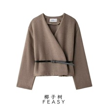 亚马逊跨境外贸欧美女装2024秋冬新款街头时尚V领配腰带软质外套